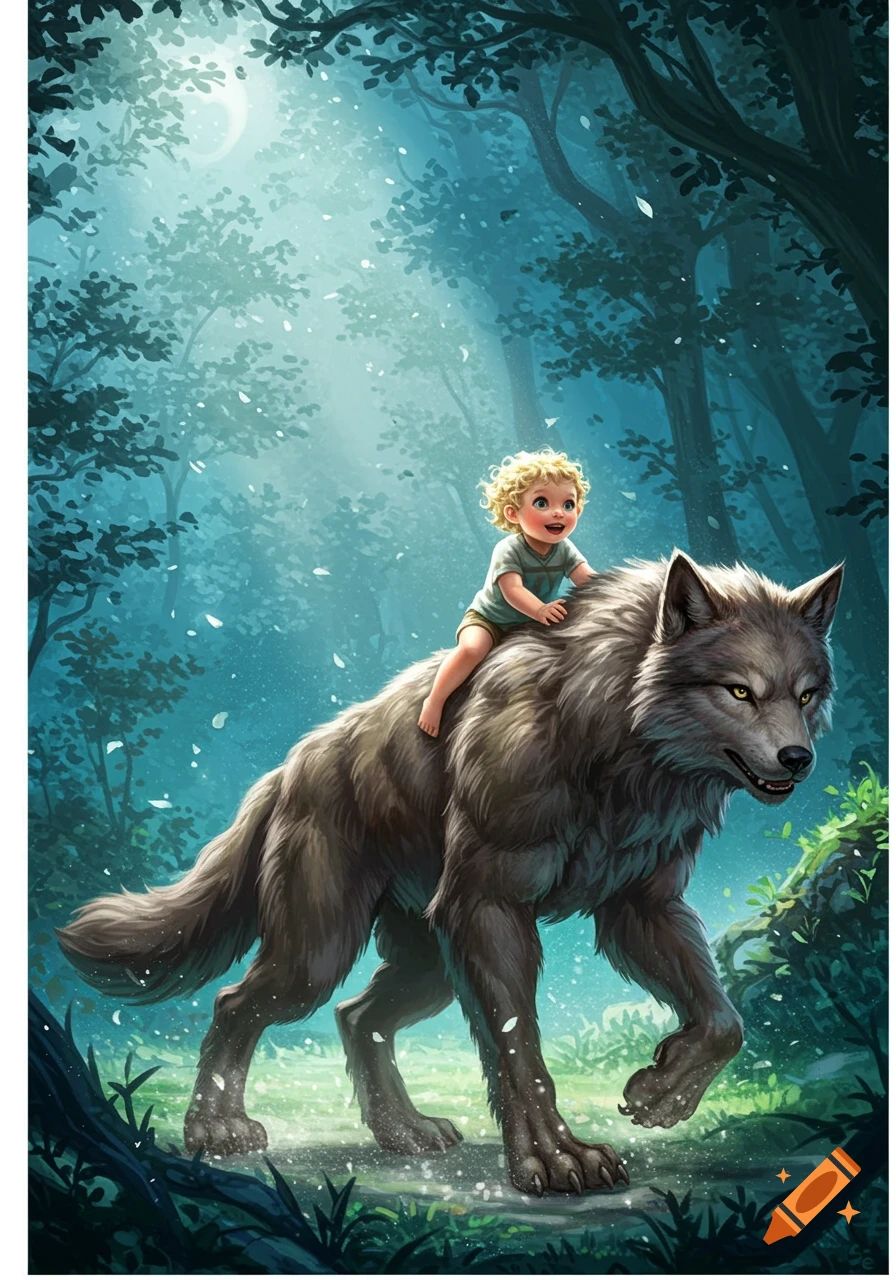 A smiling, curly-haired child rides a large gray wolf through a mystical, moonlit forest in a vibrant illustration.