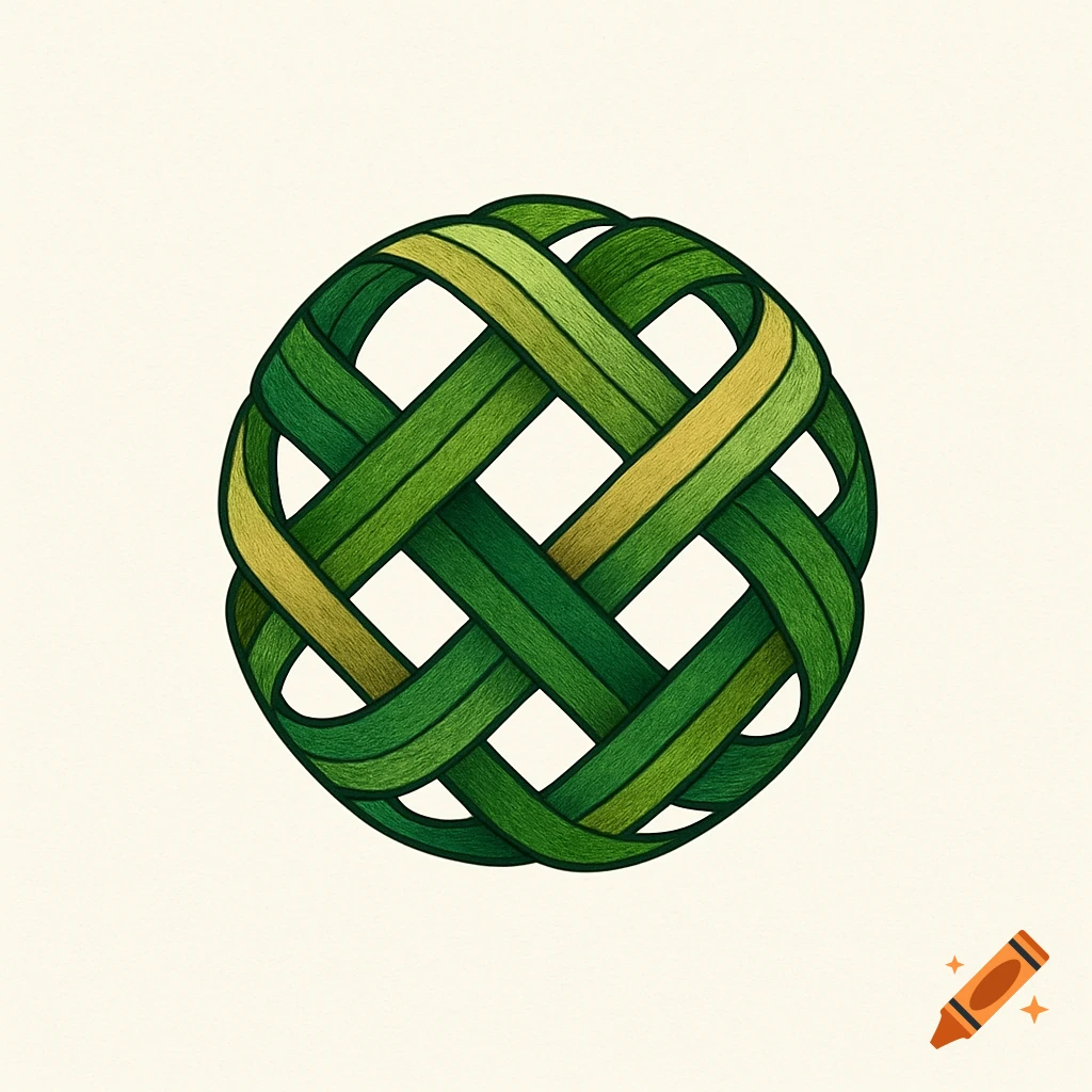 A spherical interwoven pattern in various shades of green and yellow on a light background, resembling a logo.