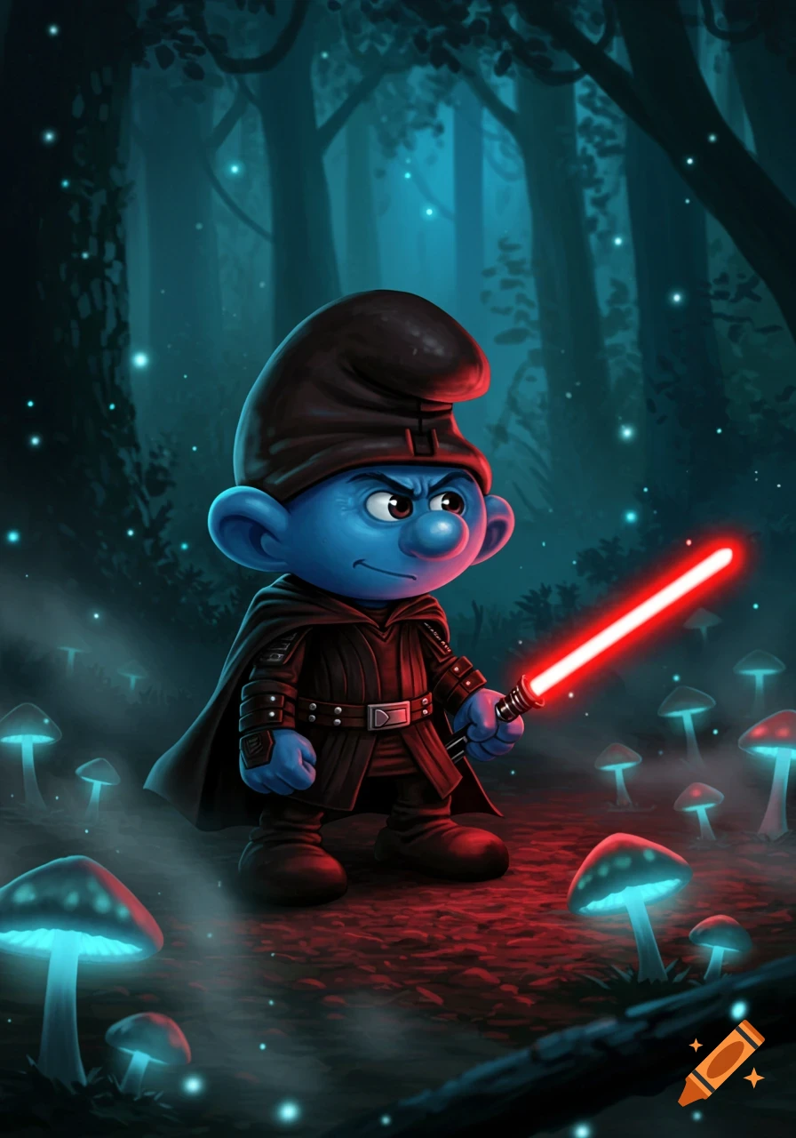 A blue Smurf dressed as Darth Vader with a red lightsaber stands in a dark, magical forest with glowing blue mushrooms.