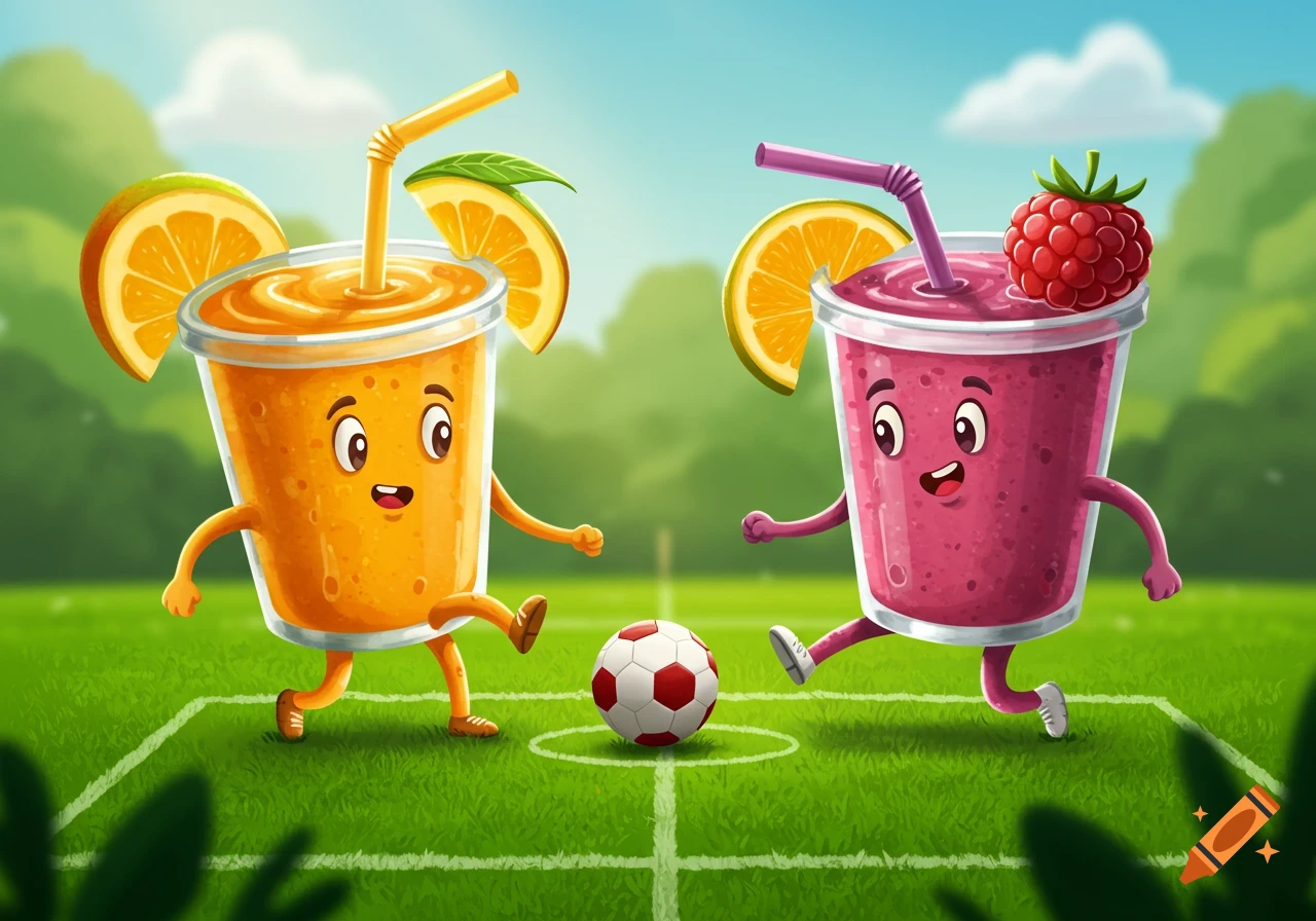Two cheerful cartoon smoothie characters, one orange and one raspberry, playing soccer on a grassy field.