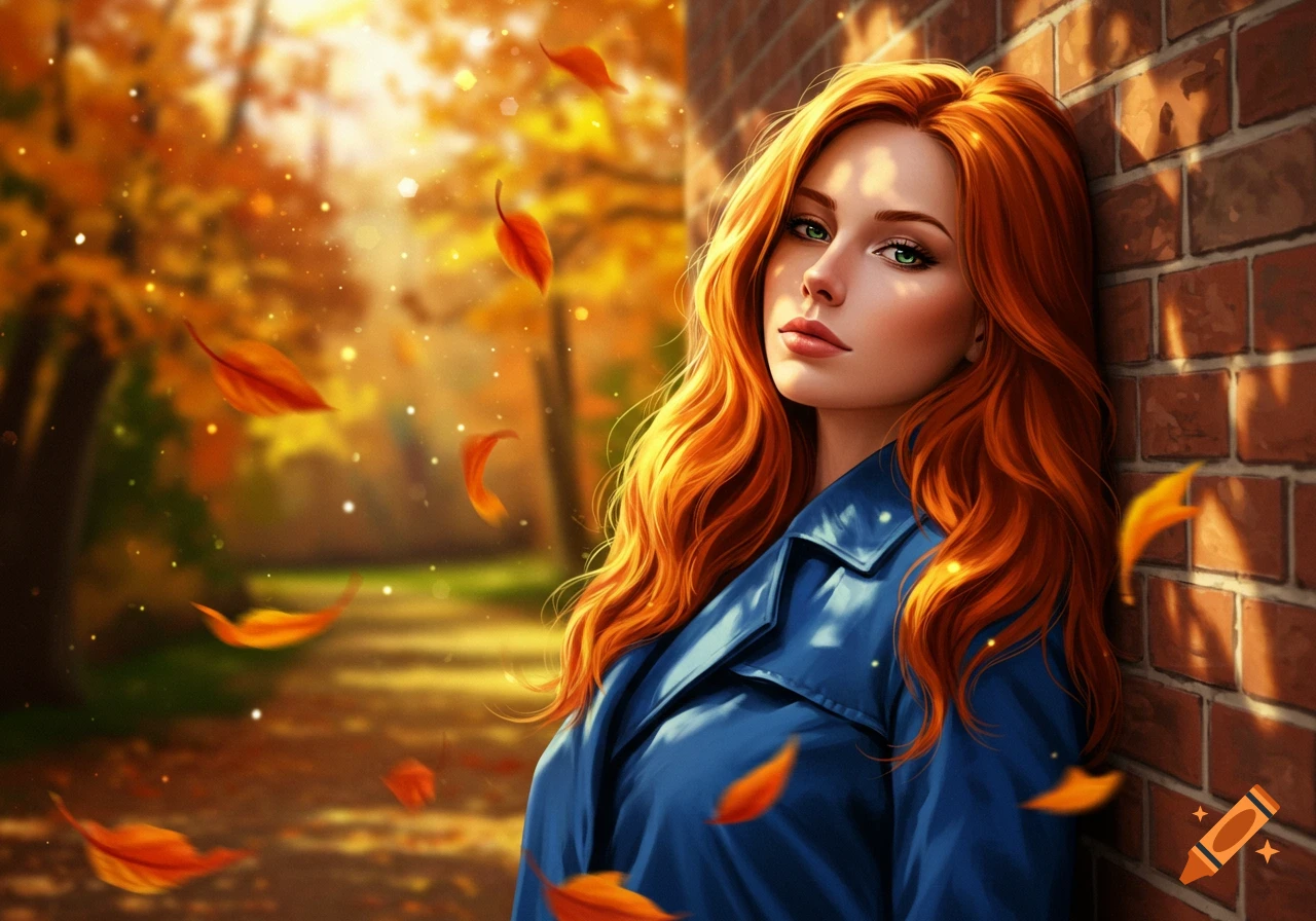 A woman with long, flowing red hair and green eyes leans against a brick wall, surrounded by falling autumn leaves in a sunny park.
