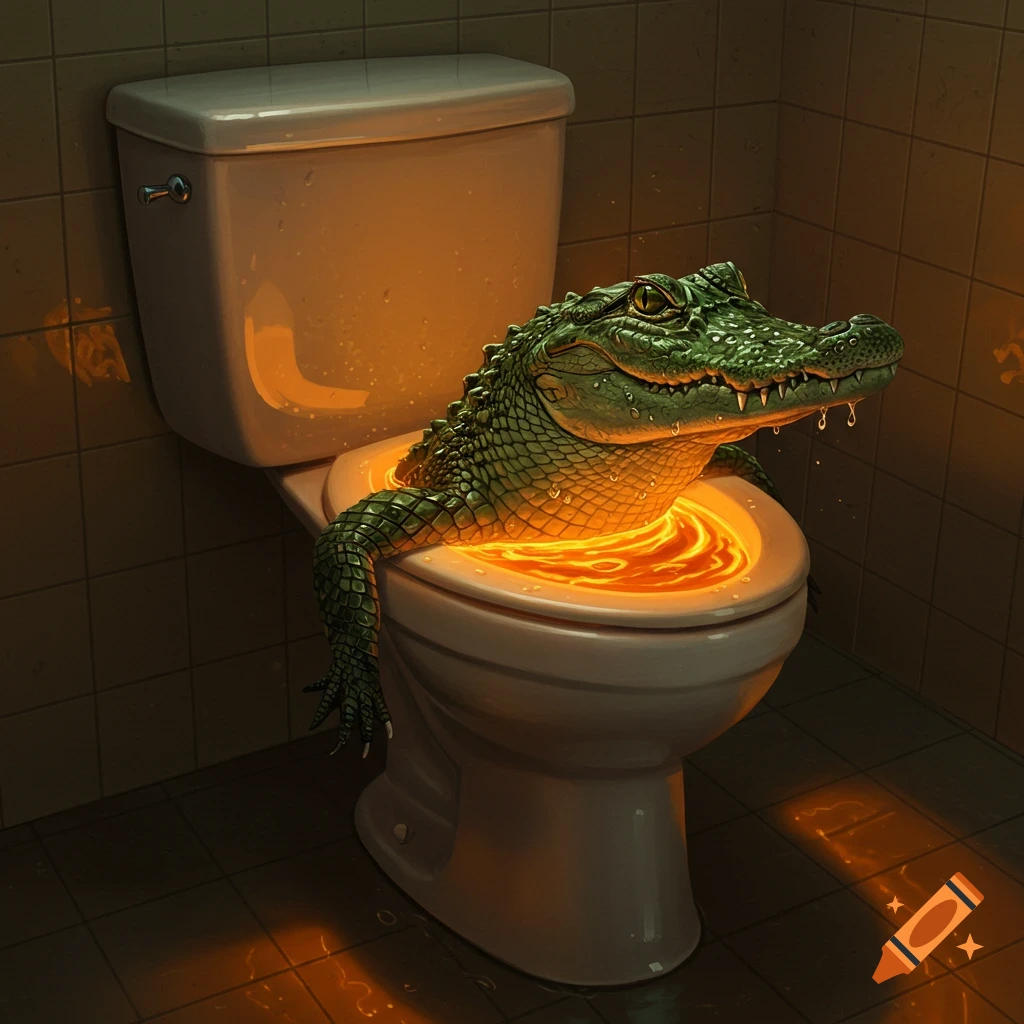 A realistic alligator emerges from a toilet bowl filled with glowing orange liquid in a dimly lit tiled bathroom.