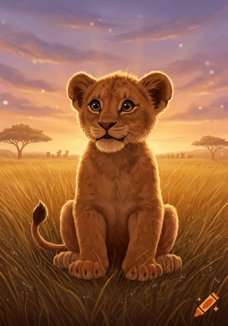 A cute lion cub sits in a golden savanna field at sunset, depicted in an illustrative style.
