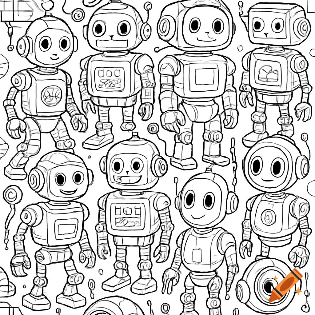 A coloring book pattern featuring multiple cute, cartoon-style robots with various expressions, on a white background.