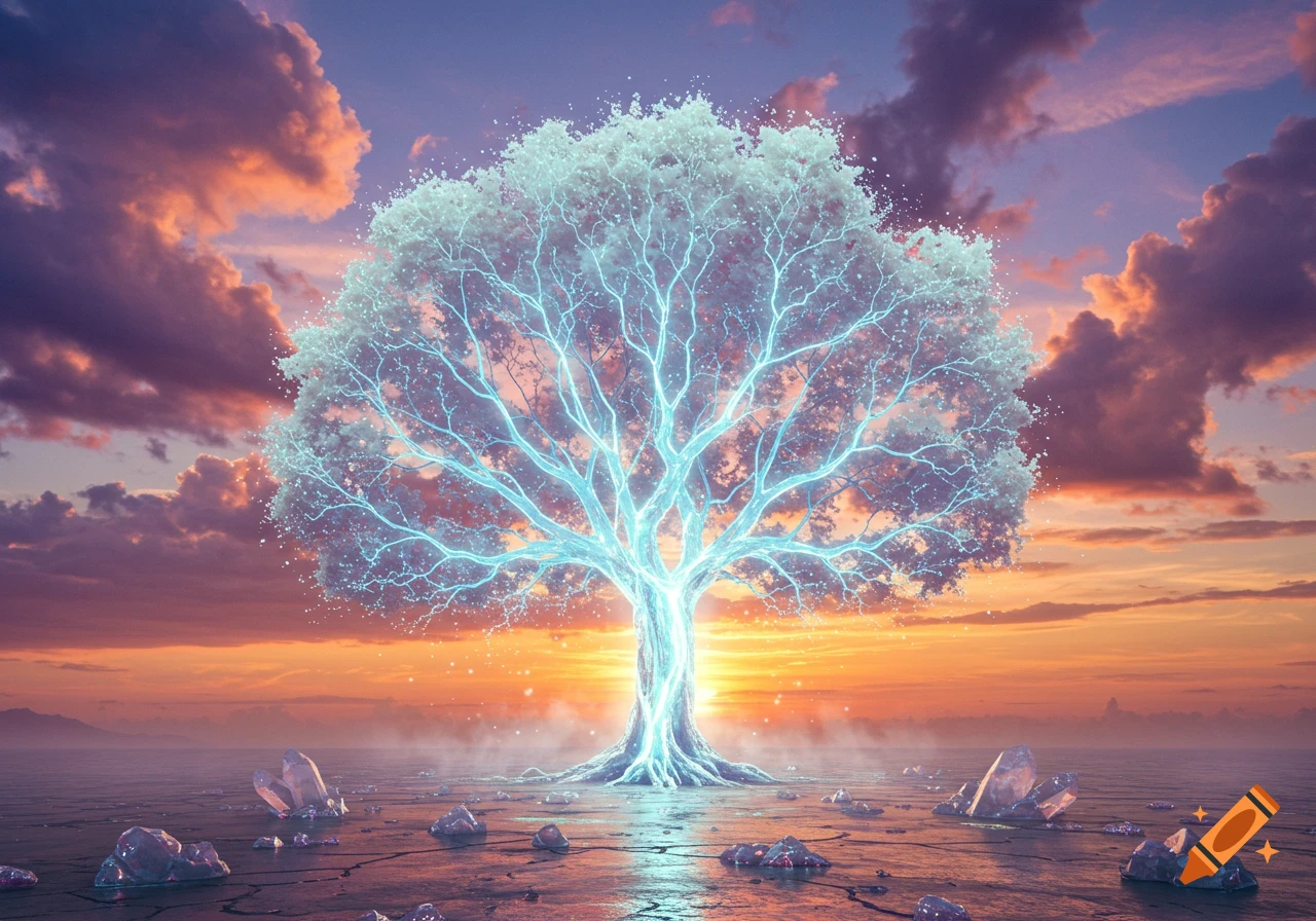 A magical, glowing tree with bright blue lightning for a trunk and white, ethereal leaves against a vivid sunset sky, with crystal shards on the ground.