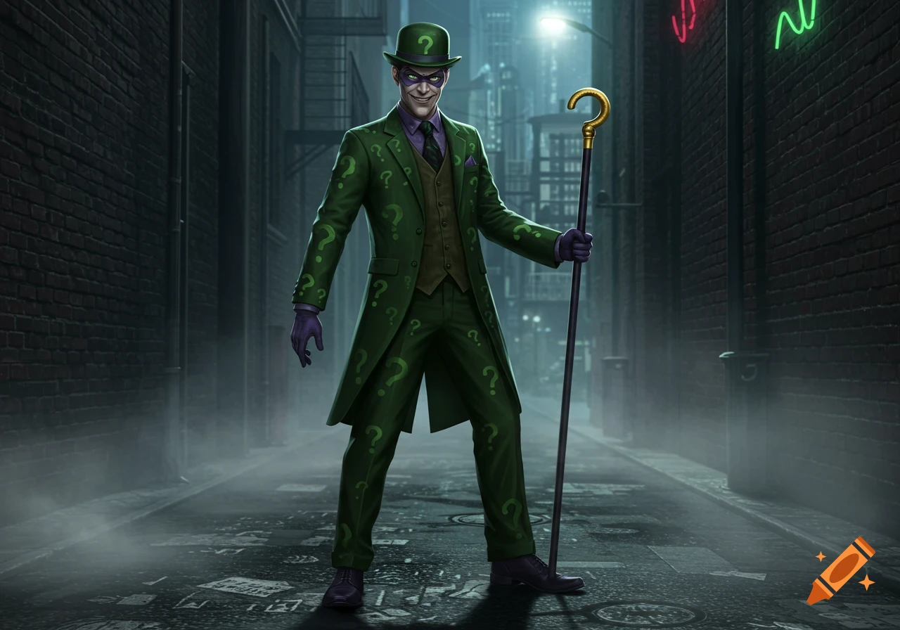 The Riddler stands in a dark, foggy alleyway, dressed in a green suit covered in question marks, a matching fedora, and purple gloves, holding a question-mark-topped cane with a grinning expression.