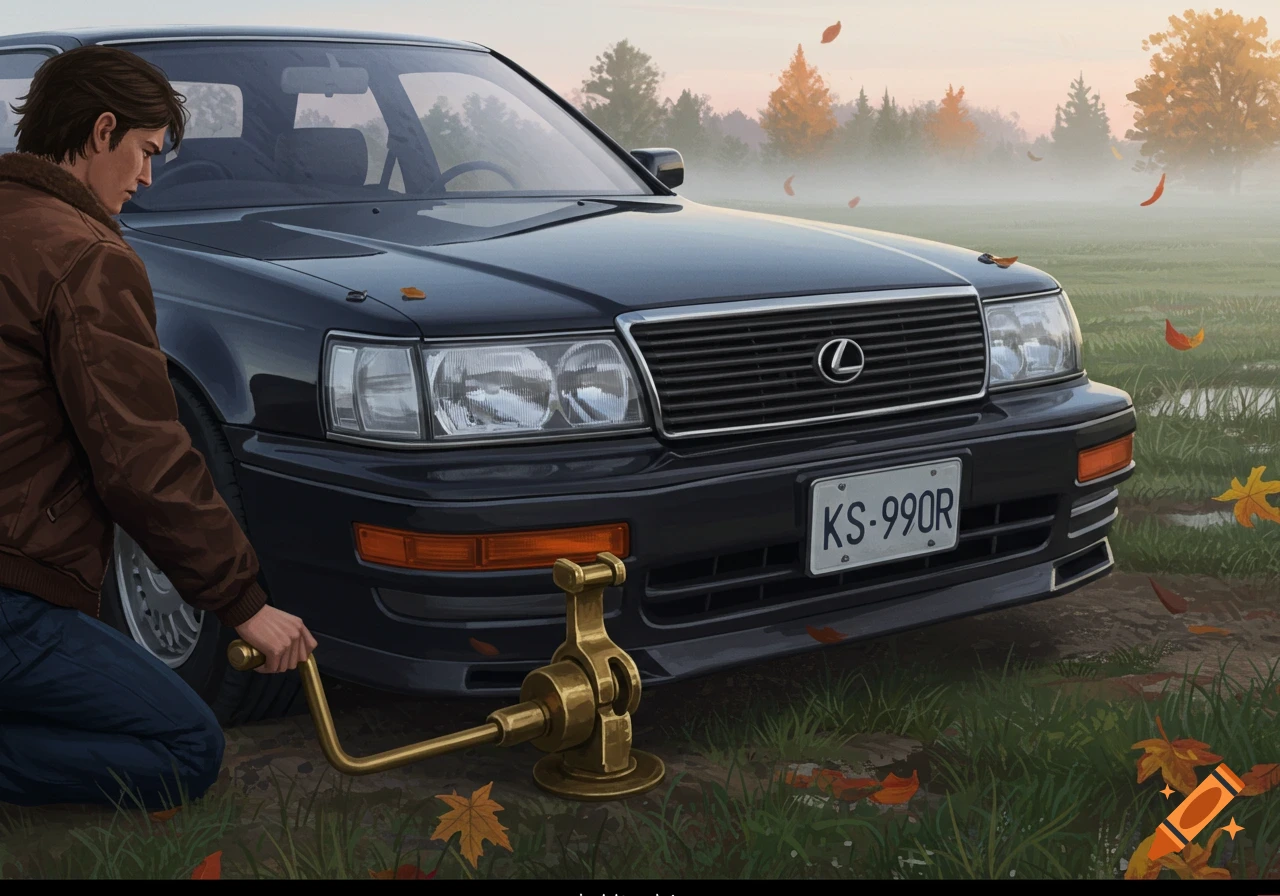 A man in a brown jacket kneels beside a black Lexus LS400 sedan, using a golden hand jack to lift the car in an autumn field.