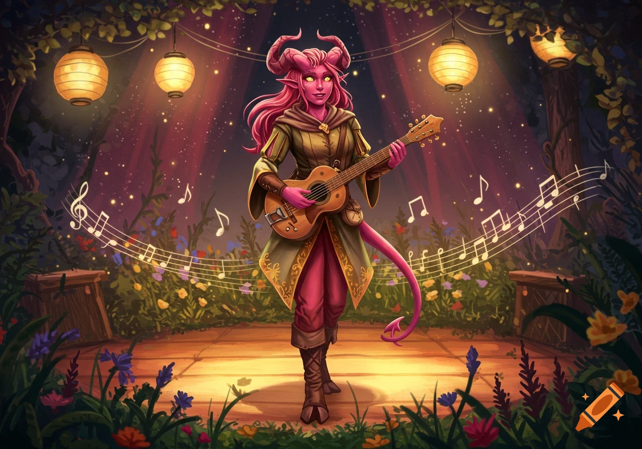 A pink-skinned tiefling bard with horns and a tail plays an acoustic guitar on a wooden stage in an enchanted forest with glowing lanterns and floating musical notes.
