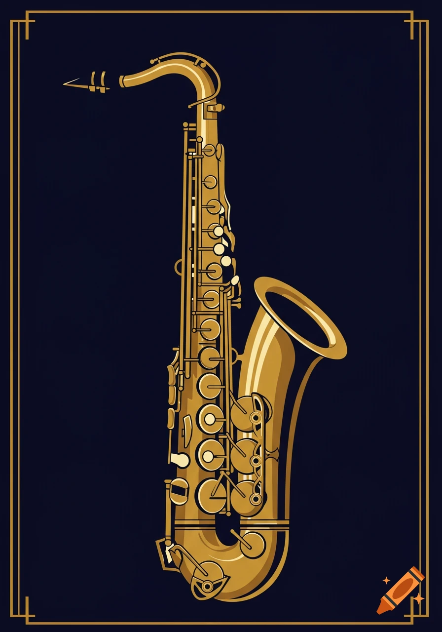 Golden saxophone in art deco style on a dark blue background with a golden decorative border.