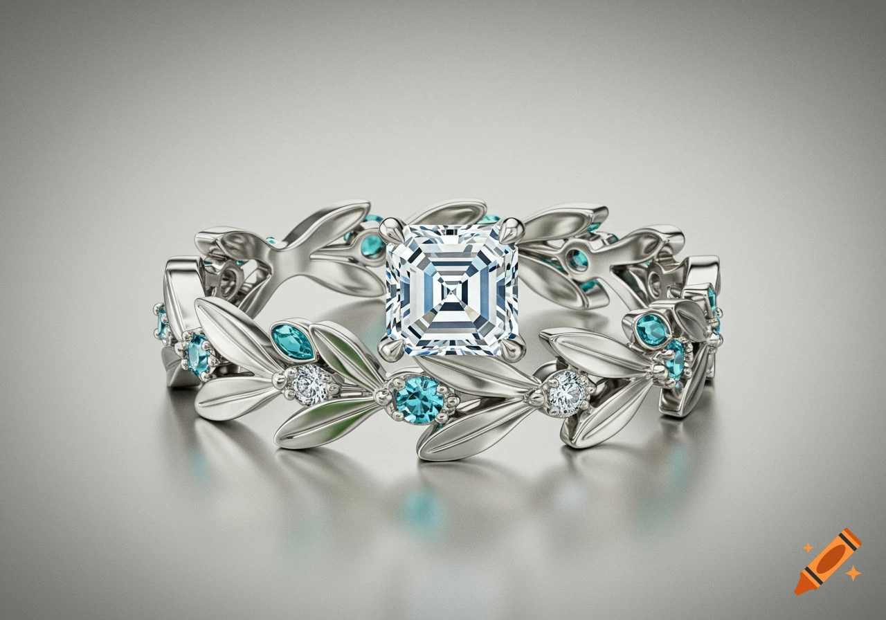 Photorealistic white gold engagement ring with a large emerald cut diamond, set in an olive leaf band with blue topaz and small diamonds.