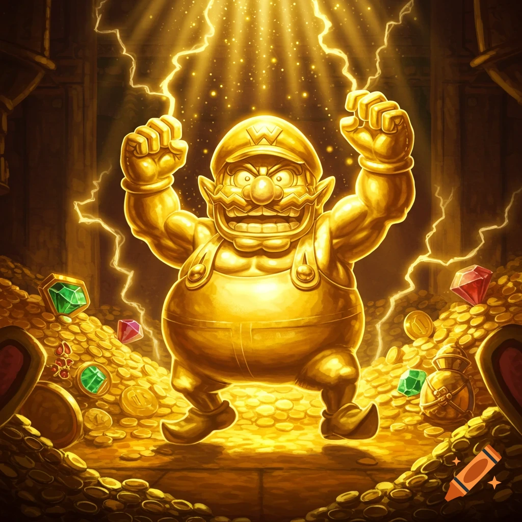 Golden Wario stands triumphantly in a treasure cave, surrounded by piles of gold coins and sparkling gems, with lightning bolts emanating from his hands.