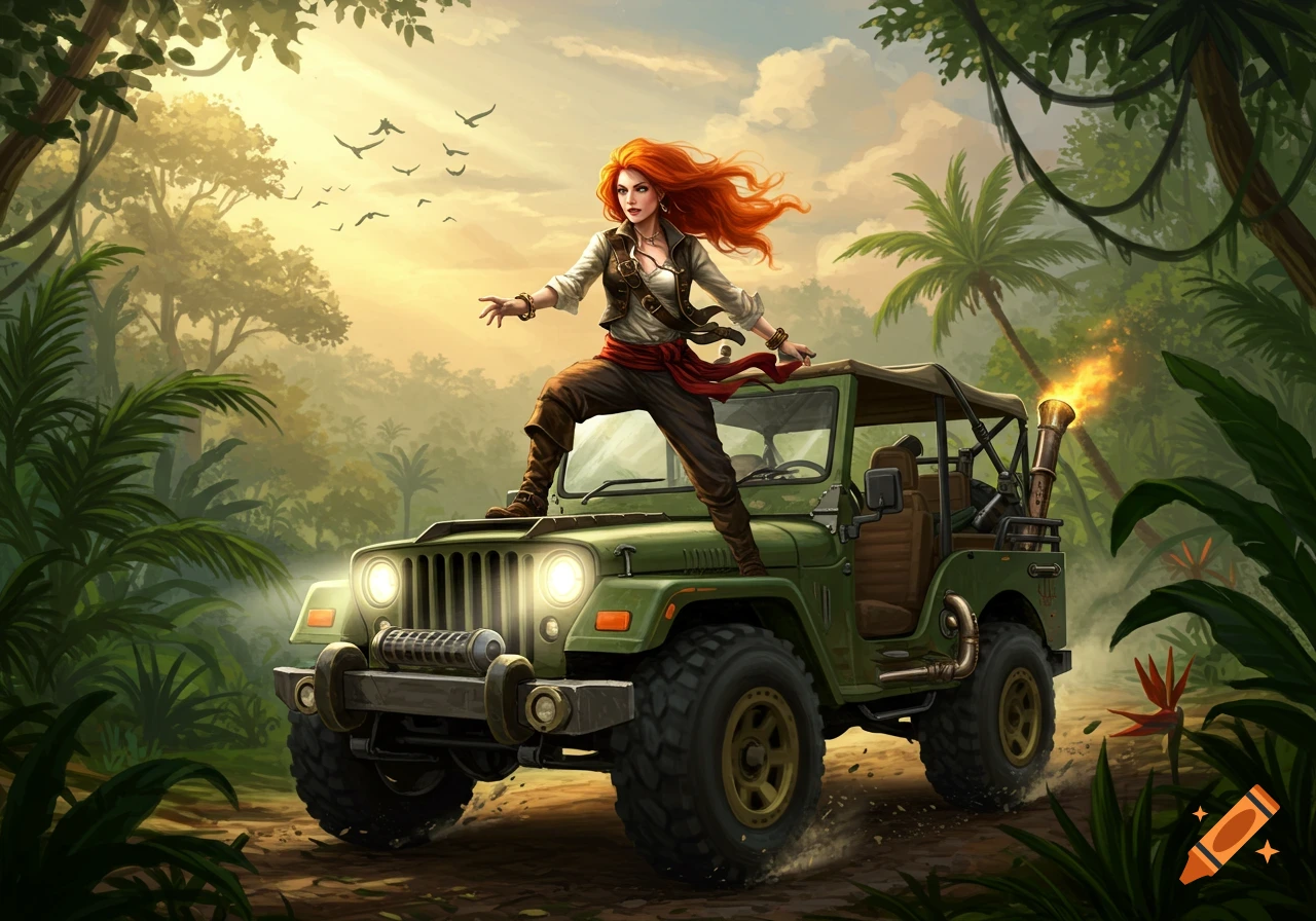 Illustration of a fiery-haired adventurer in pirate attire standing on a green jeep in a lush jungle at sunset.