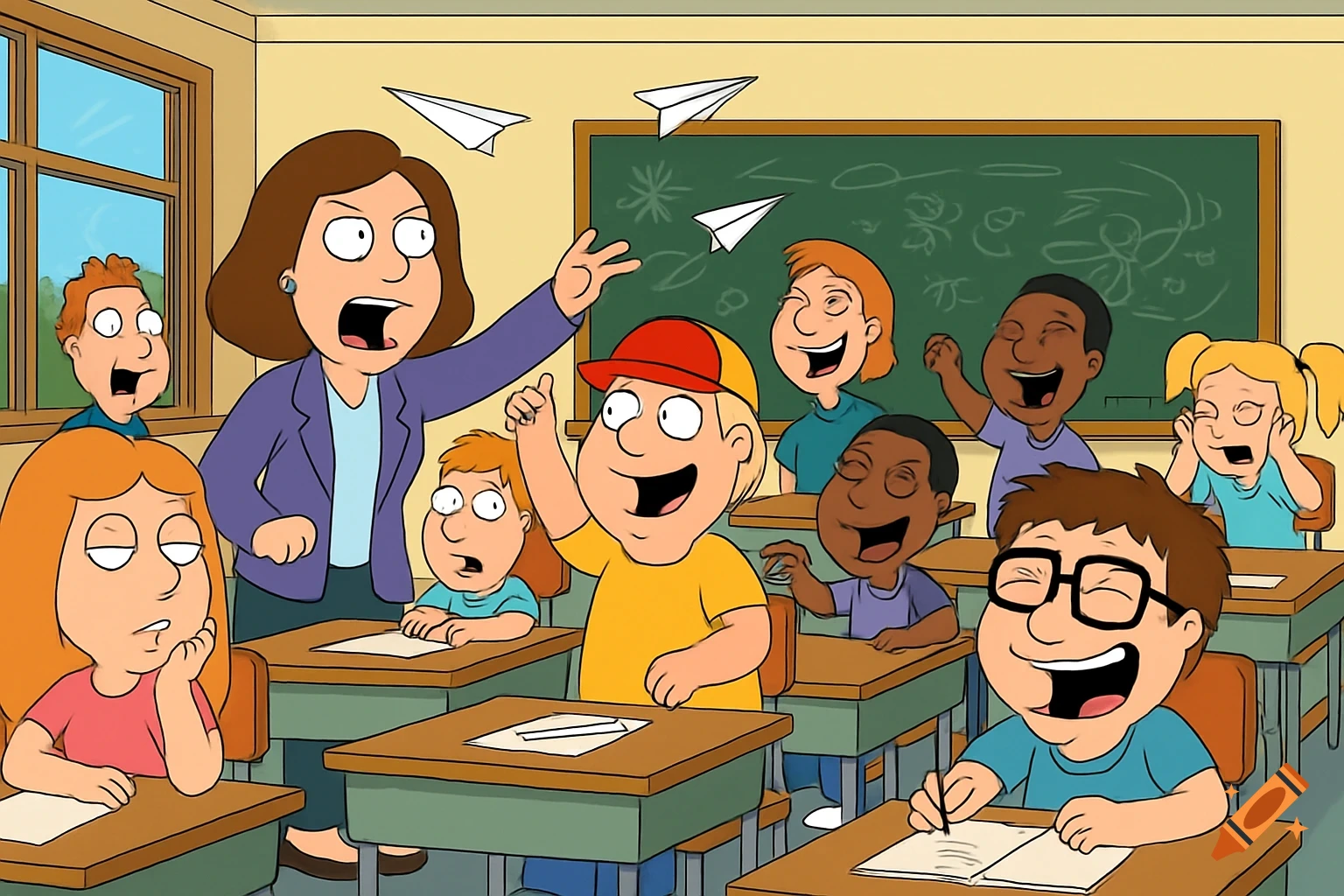 A cartoon classroom scene in Family Guy style with a yelling teacher and laughing students throwing paper airplanes.