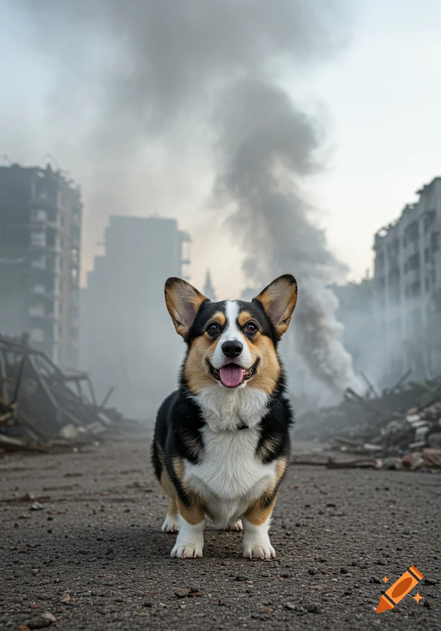 A happy tricolor Corgi stands on a rubble-strewn street in a destroyed city with smoke rising in the background.