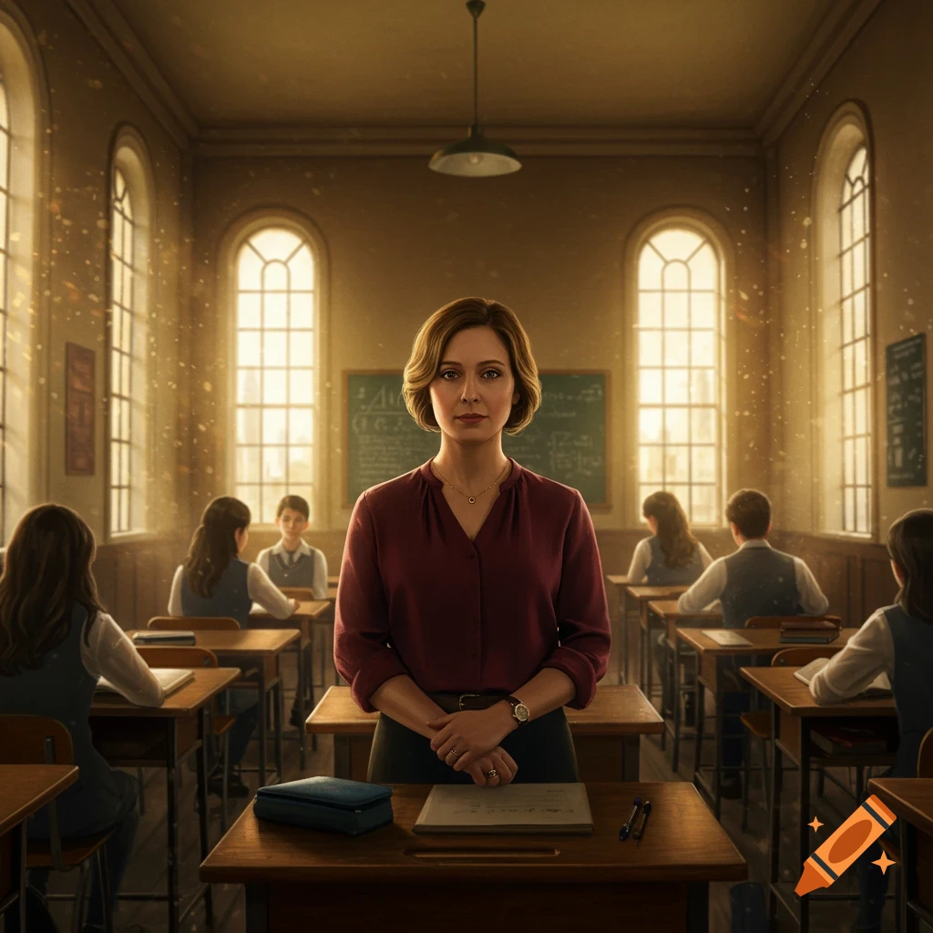 A photorealistic image of a female teacher standing in a classic classroom, students seated at desks.