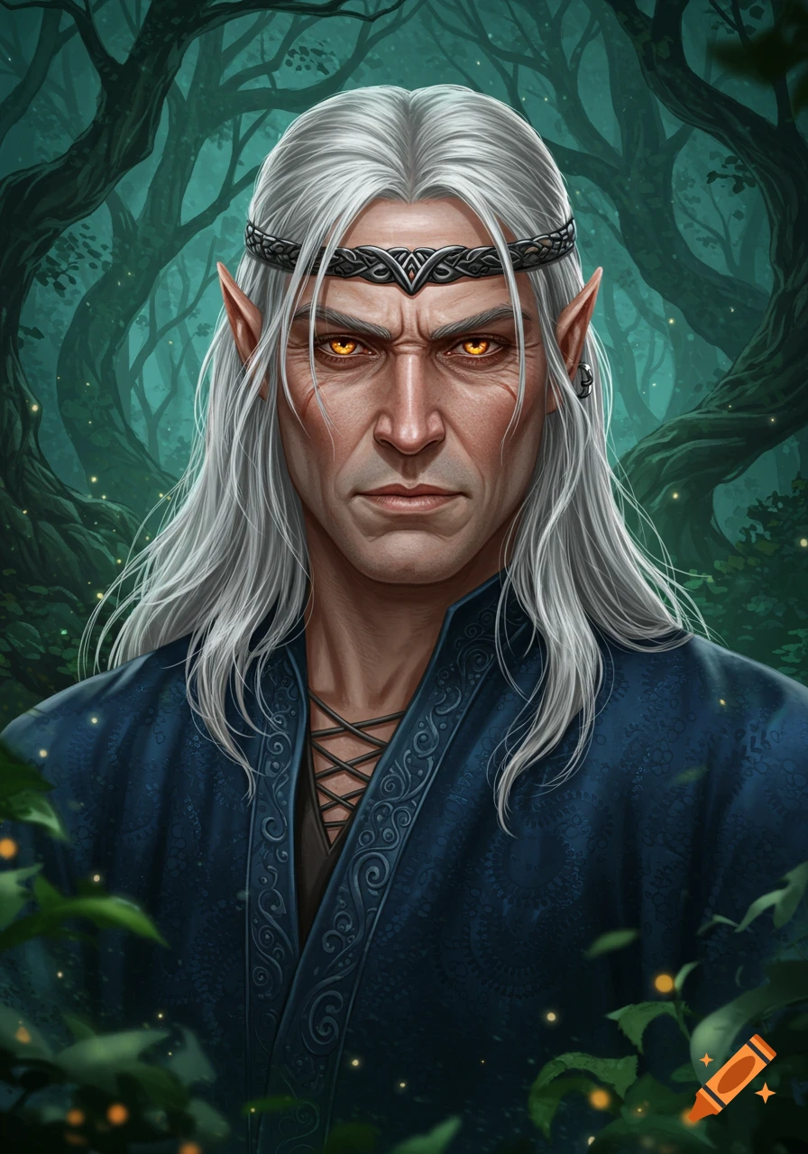 A stern fantasy elf with long white hair and glowing amber eyes, wearing a blue robe and circlet, in a magical forest.