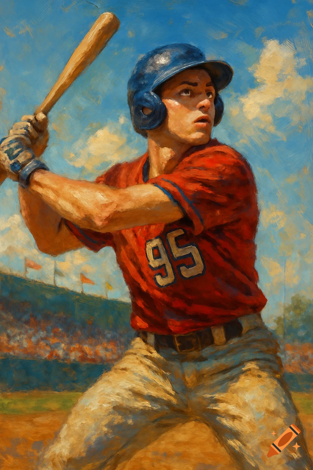 Oil painting of a baseball player in a red and blue uniform with number 95, holding a bat, looking intensely on a sunny day.