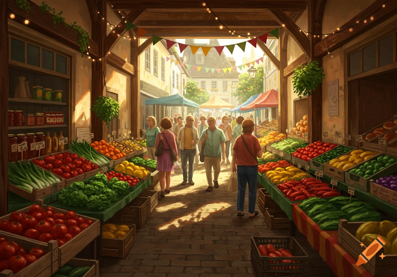 A bustling outdoor farmers market with numerous stalls showcasing an abundance of fresh fruits and vegetables. People browse the goods.