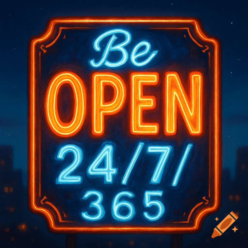 A vibrant neon sign glows with blue text 'Be' and '24/7/365' and orange text 'OPEN' against a dark, blurred city skyline.