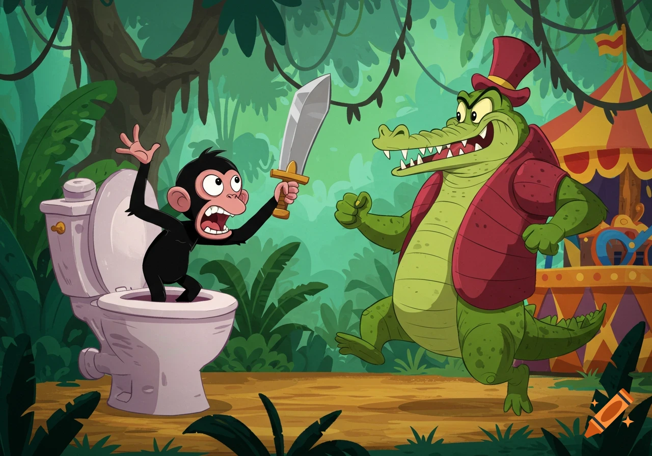 Cartoon monkey with a sword emerging from a toilet, fighting a menacing alligator in a jungle with a circus tent.