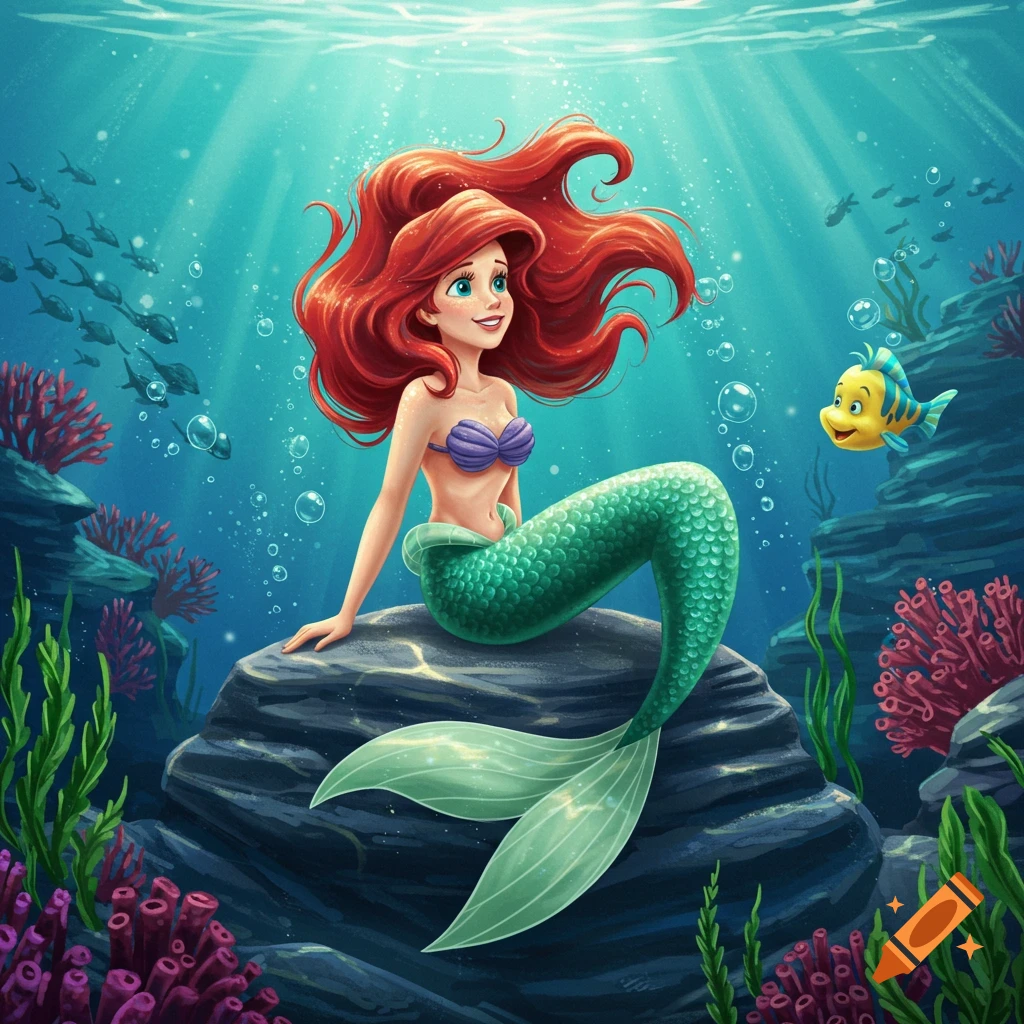 Cartoon illustration of Ariel, the Little Mermaid, with flowing red hair and a green tail, sitting on an underwater rock with a yellow fish nearby.