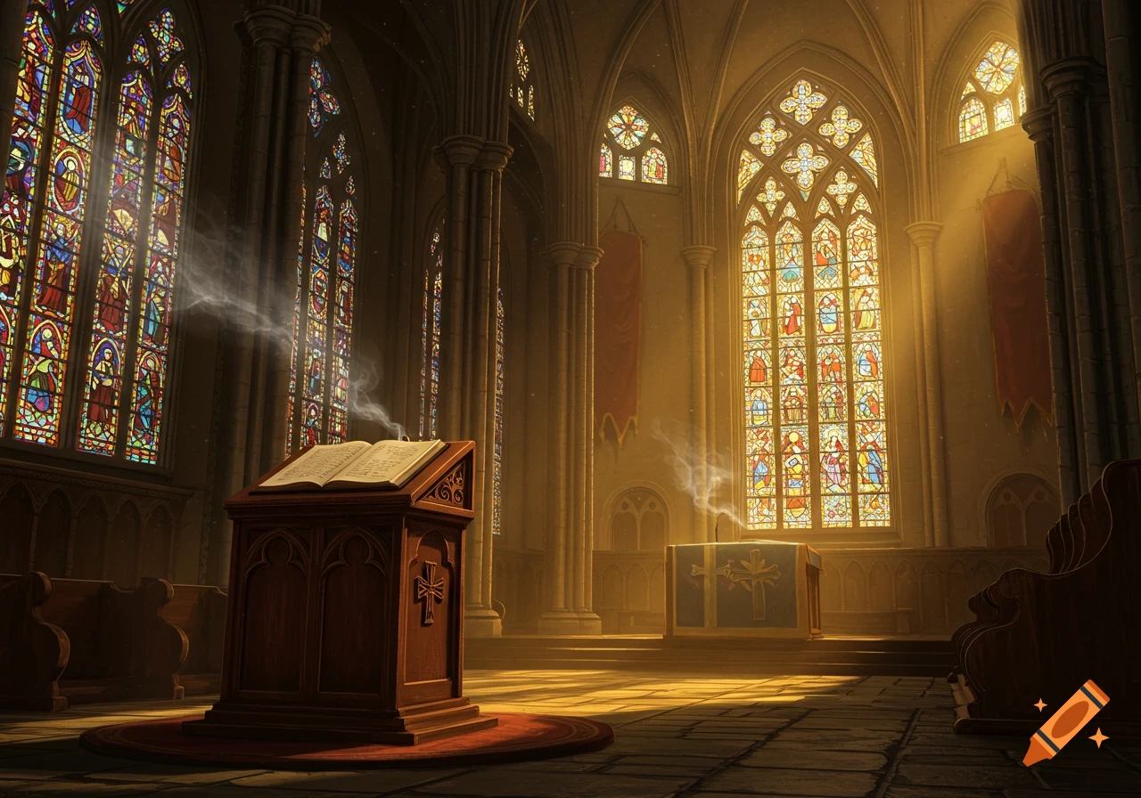 Dramatic interior of a gothic church with sunlight streaming through stained-glass windows, illuminating a lectern and altar.
