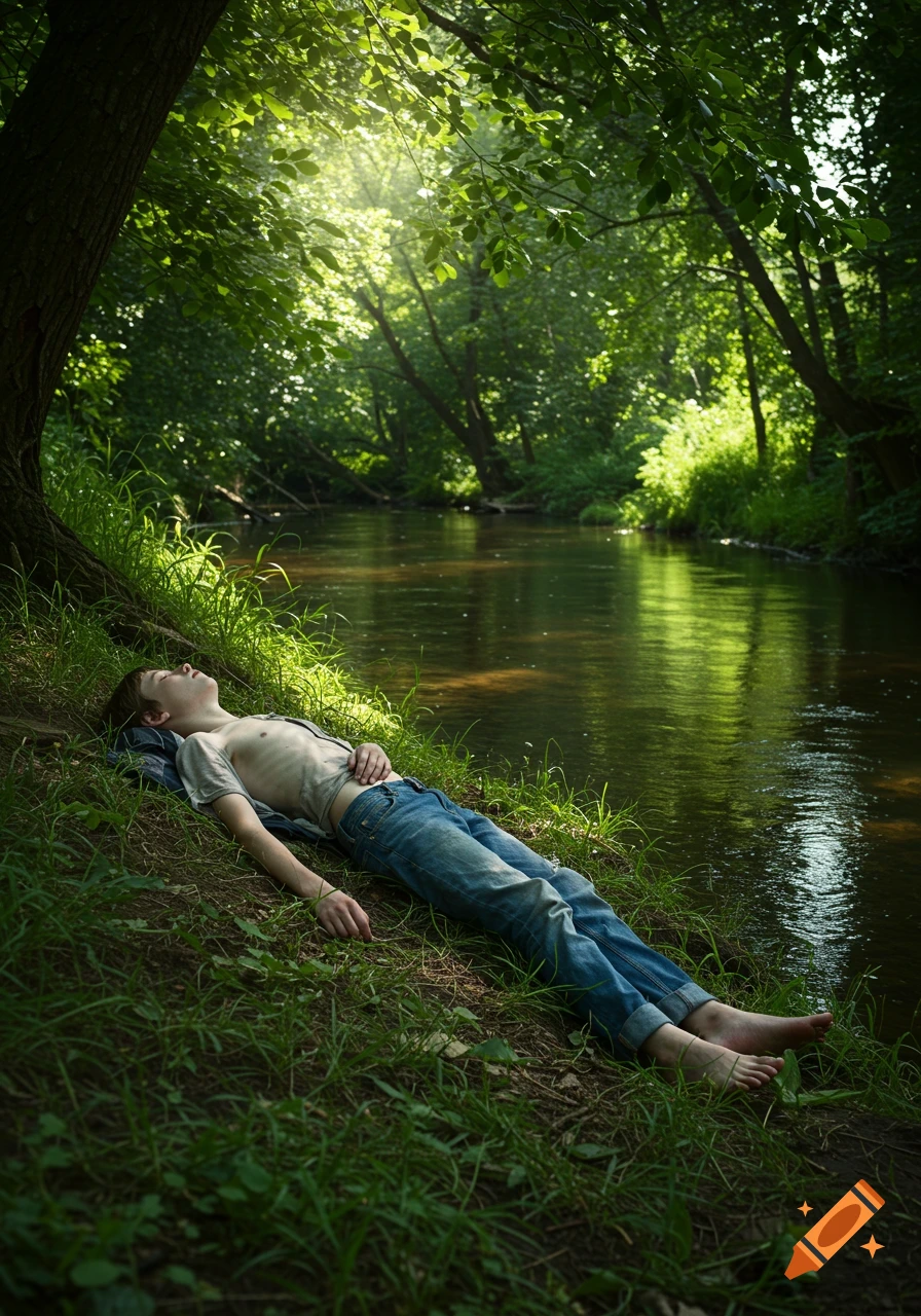 A scrawny barefoot teenage boy sleeps peacefully on the grassy bank of a lush river under a dappled tree, photorealistic.