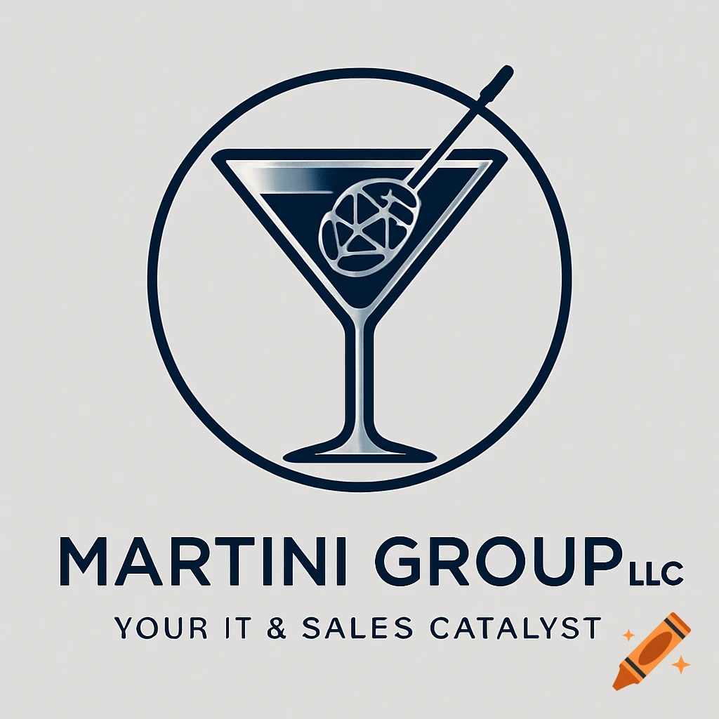 Logo for 'Martini Group LLC' featuring a stylized martini glass with an abstract design inside, all within a circle. Below the icon, the text reads 'MARTINI GROUP LLC' and 'YOUR IT & SALES CATALYST'.