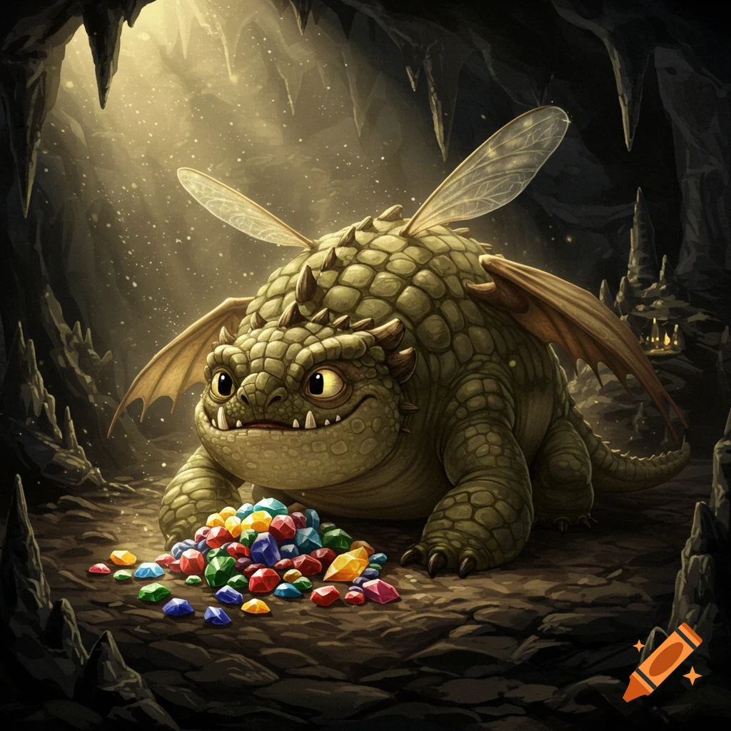 A cute, green, scaly dragon with small wings sits in a dark cave, guarding a pile of colorful gems, with light shining from above.
