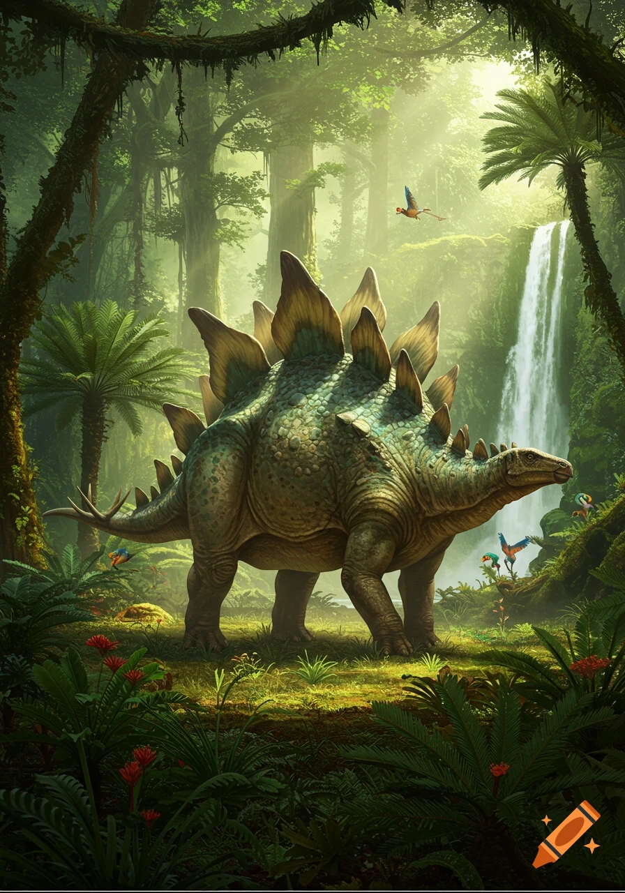 A majestic Stegosaurus stands in a lush, sun-dappled jungle with a waterfall and colorful birds.