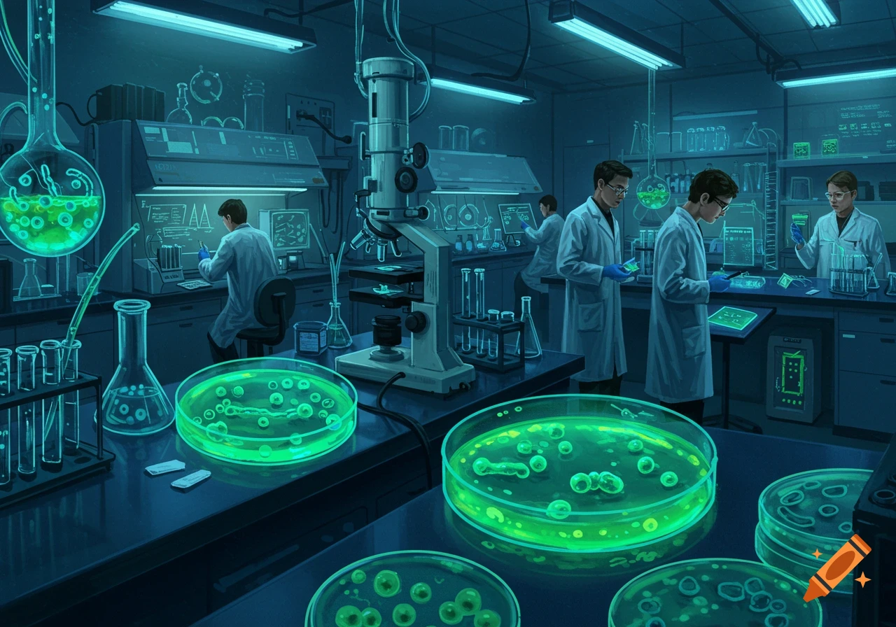 Scientists in lab coats work in a teal-lit molecular biology lab with glowing green petri dishes and beakers, conducting experiments.