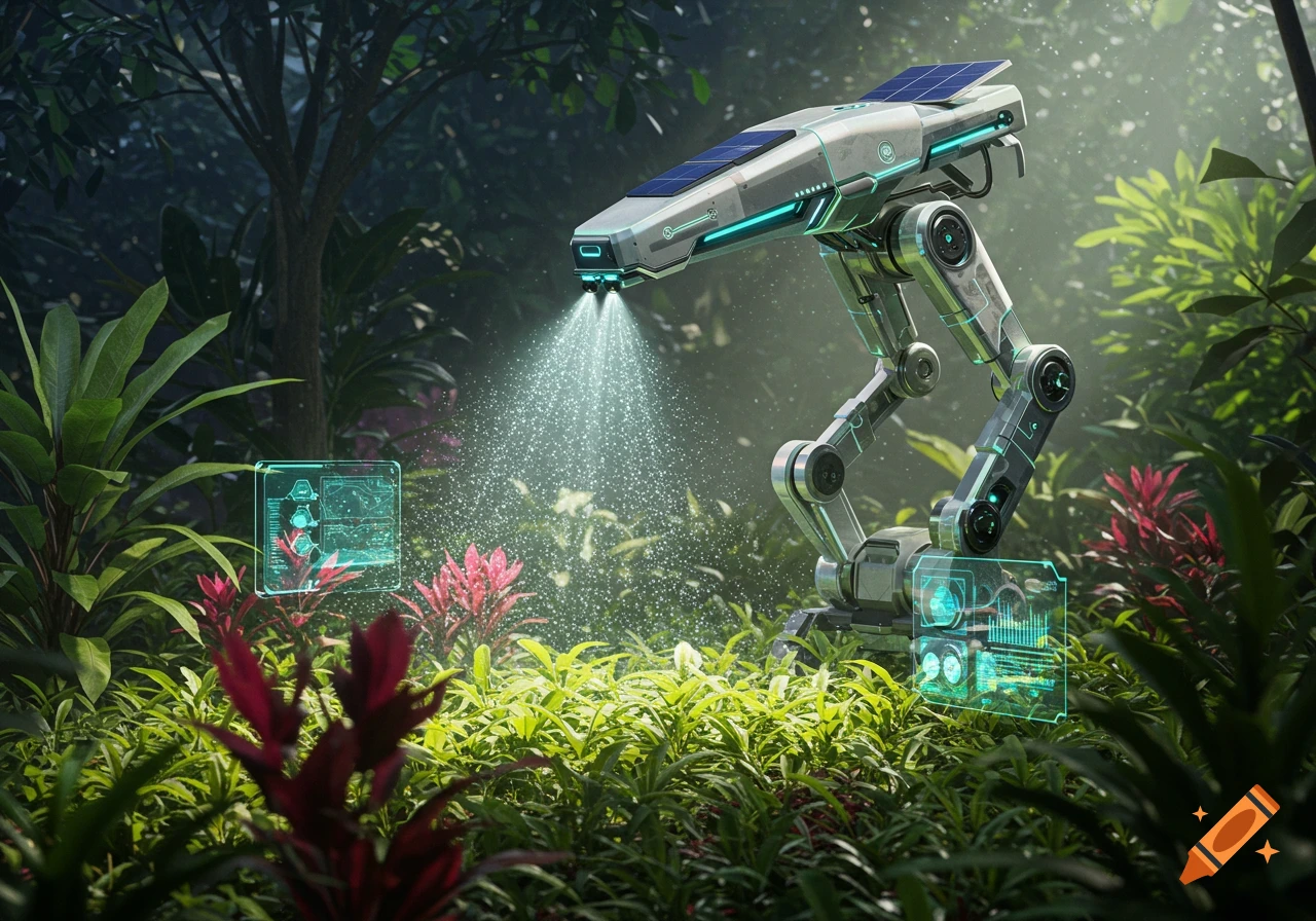 A photorealistic image of a futuristic robot with solar panels watering plants in a lush green forest, with glowing holographic interfaces.