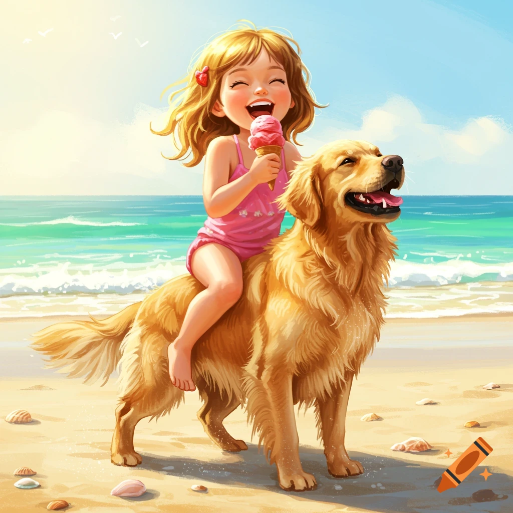 A happy cartoon girl with blonde hair rides a golden retriever on a sunny beach, eating pink ice cream, with the ocean in the background.