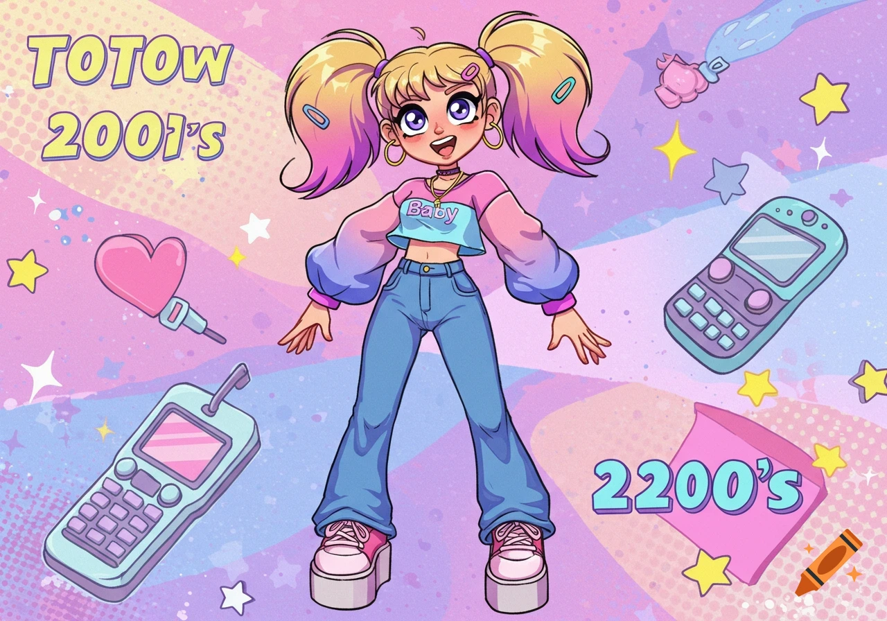 A cartoon girl with blonde pigtails, wearing a crop top and jeans, stands among retro 2000s gadgets on a pastel background.