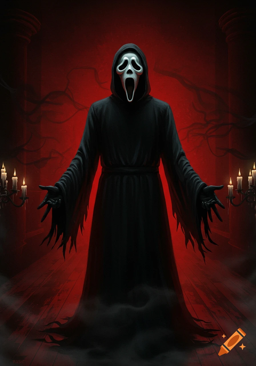 Ghostface from Scream stands in a dark, candlelit room with a red glow, arms outstretched in a menacing pose.