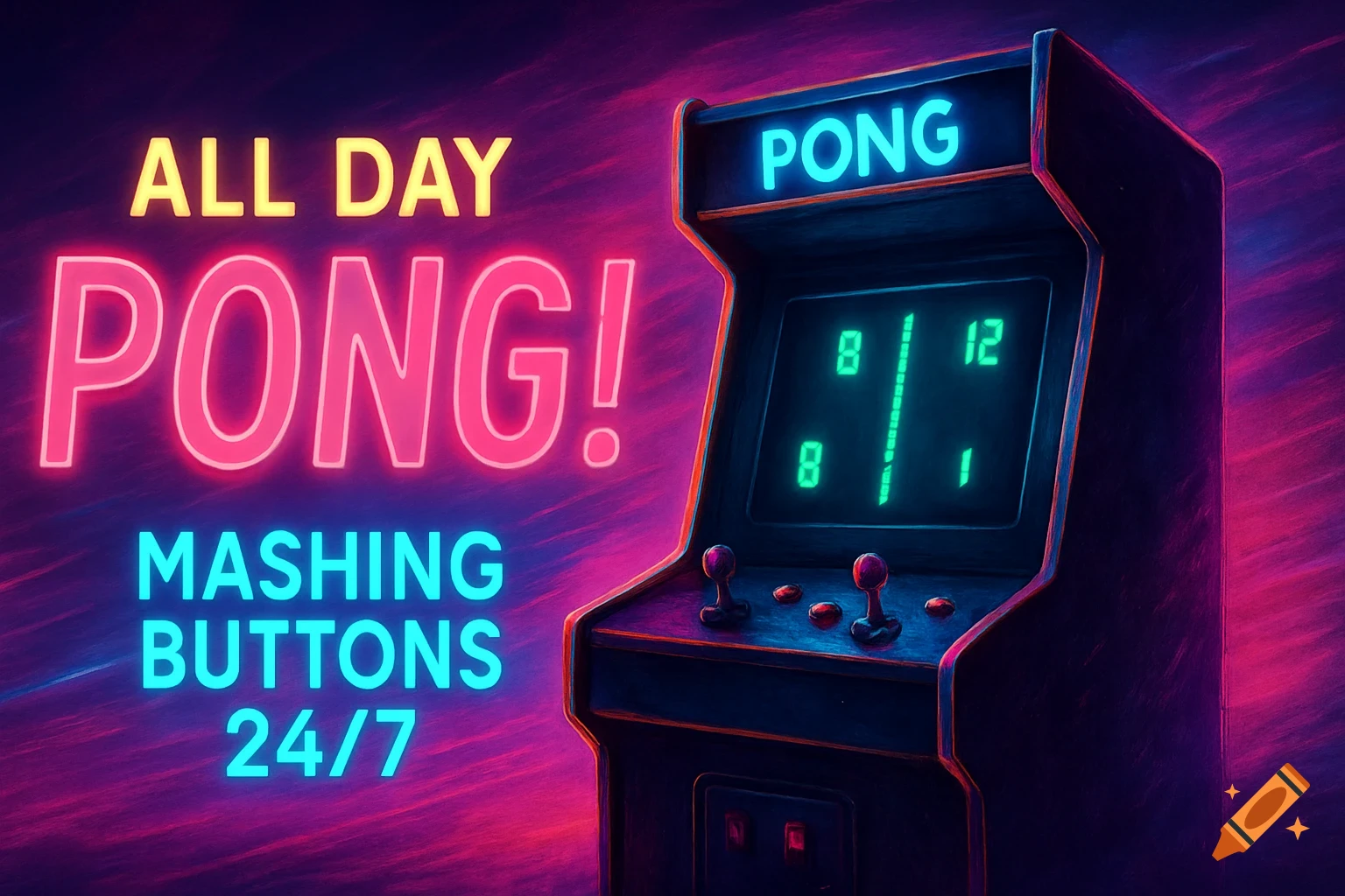 Neon-style YouTube banner for 'All Day Pong!' with an arcade cabinet, showing 'Mashing Buttons 24/7' text.