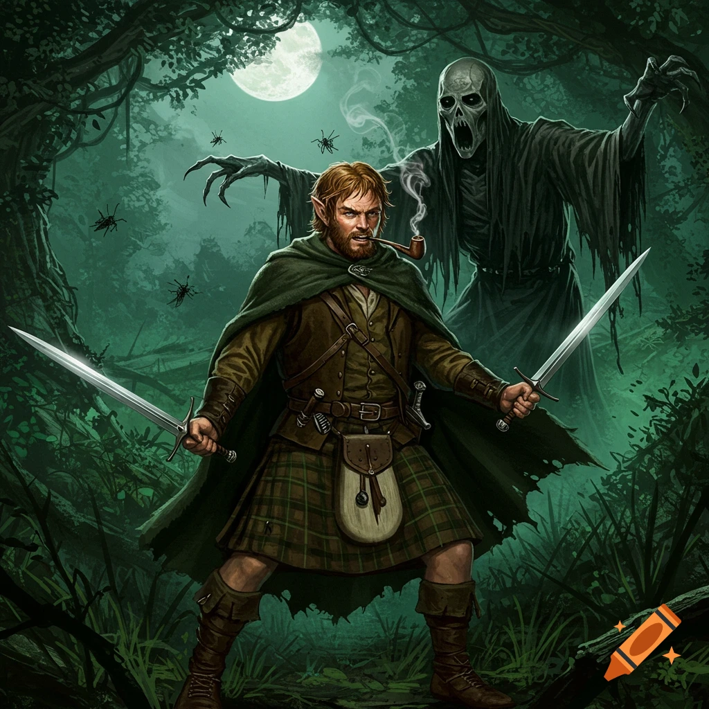 A bearded, elf-like man in a kilt with two swords and a pipe confronts a ghostly Ringwraith in a moonlit forest. Fantasy art.