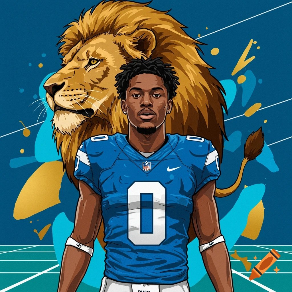 Cartoon illustration of a football player in a blue jersey with number 0, with a lion's head behind him, against a blue and teal background.