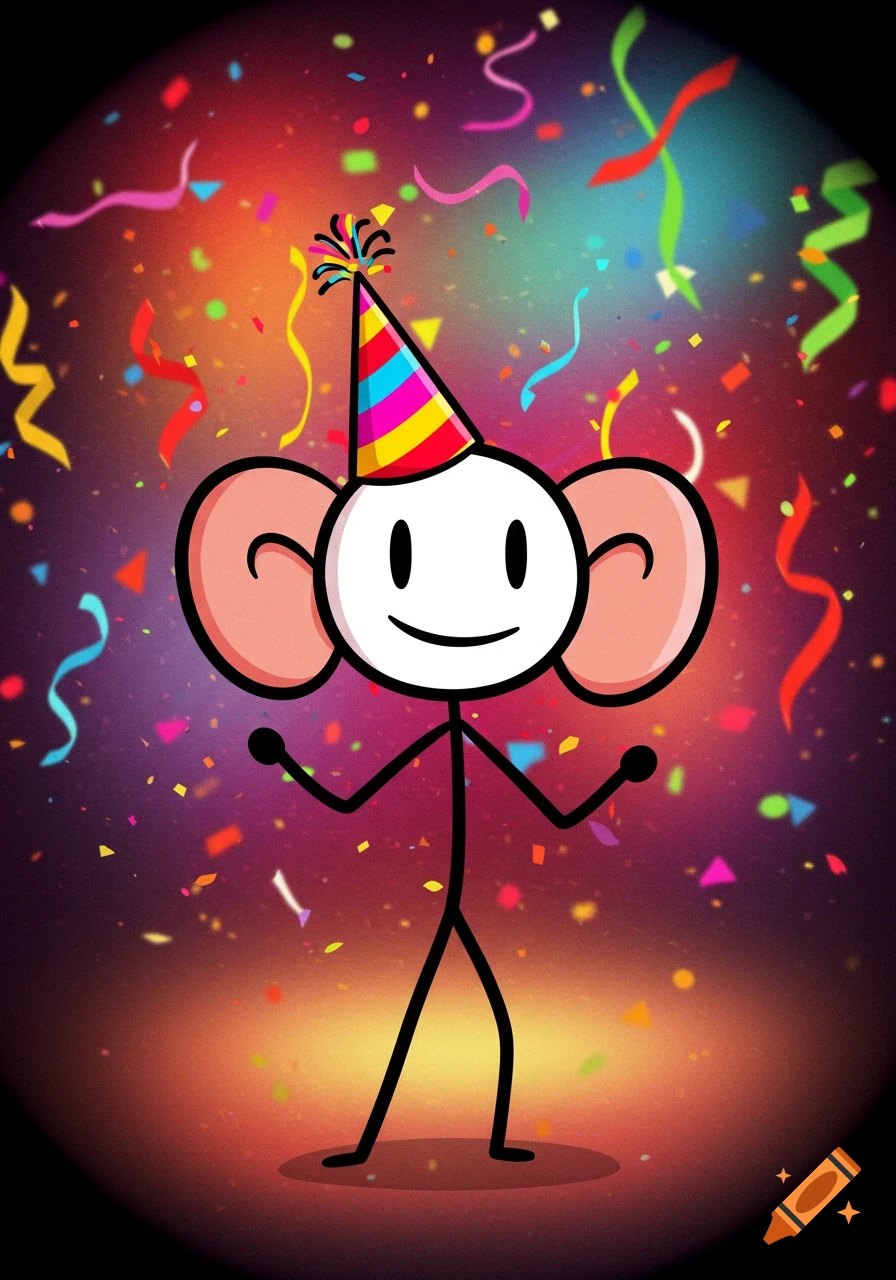A cheerful stick figure wearing a colorful party hat stands amidst falling confetti.