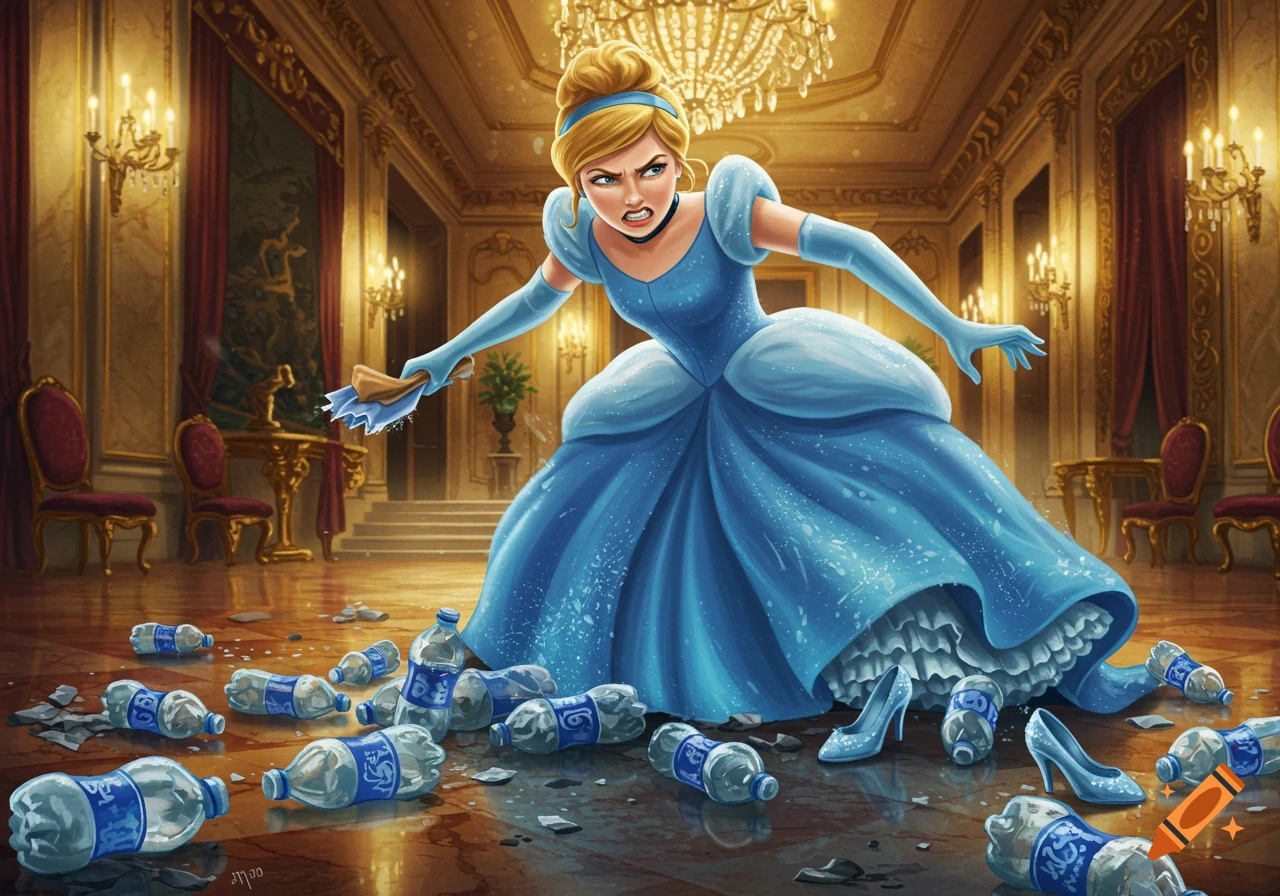 Angry Cinderella in a blue gown stands in a grand ballroom littered with spilled water bottles, holding a wet rag.