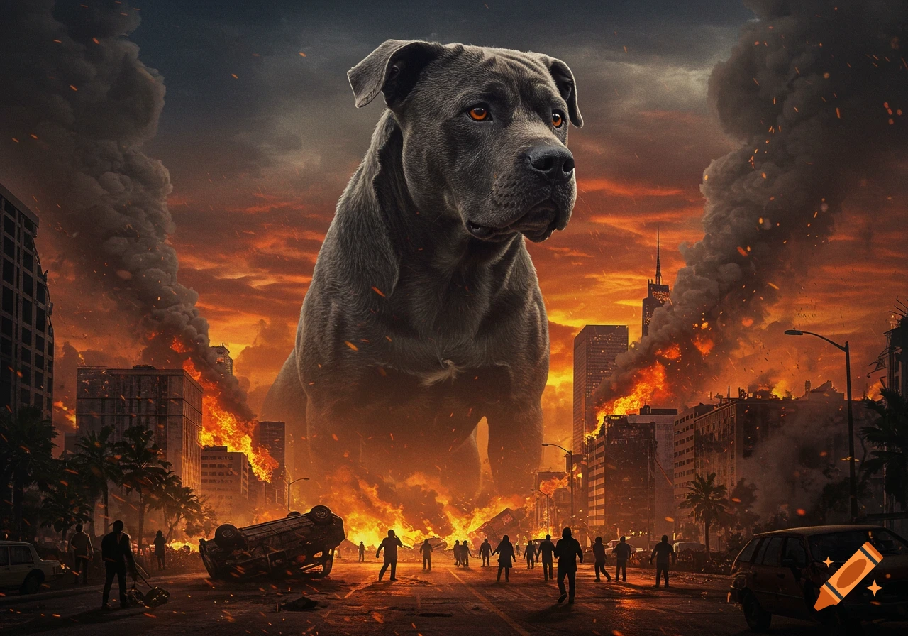 A giant dark-furred dog, the size of a skyscraper, stands in a burning city with overturned cars and fleeing people, under a fiery orange sky.