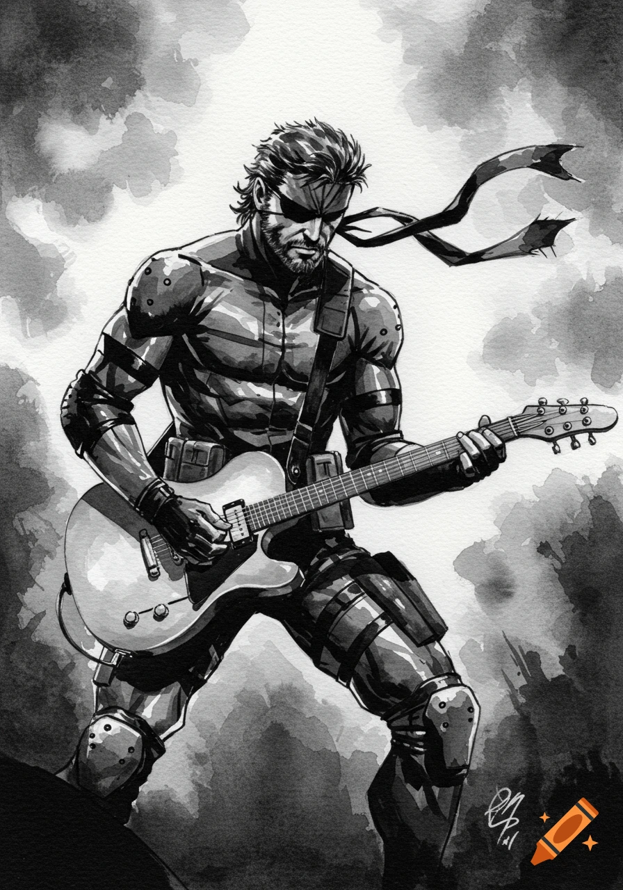 Solid Snake playing an electric guitar in a black and white watercolor illustration style.