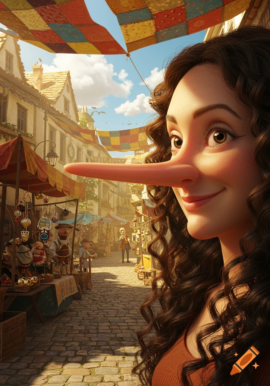 Close-up of a smiling woman with a long Pinocchio nose in a bustling market street under colorful banners.