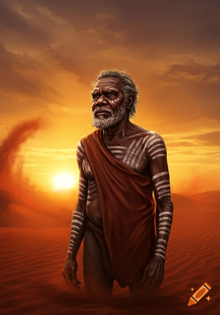 Illustration of an elder Aboriginal man with white body paint and a red cloth, standing in a sandy desert at sunset.