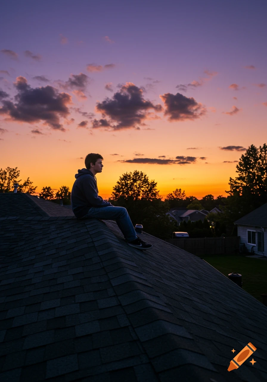 A teenage boy sits on a dark roof, gazing at a vibrant orange and purple sunset sky over a residential area.