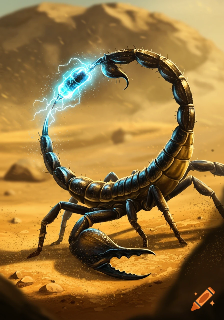 A stylized black scorpion with a glowing blue electric stinger stands in a sandy desert under a vast sky.
