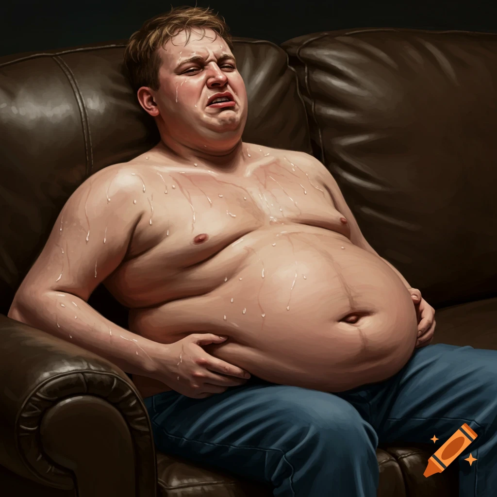 A shirtless man with an extremely large, sweating belly sits on a brown couch, his face contorted in pain.