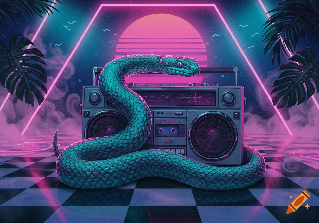 A vibrant teal snake coiled around a retro boombox, set against a neon pink and blue synthwave background with palm leaves and a grid floor.