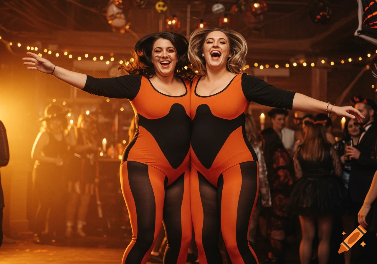 Two smiling women in a merged orange and black costume at a Halloween party, creating a conjoined illusion.