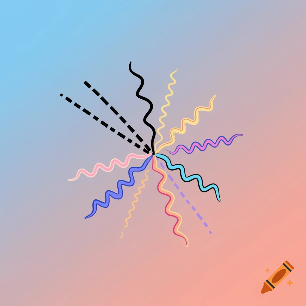 Abstract illustration of colorful wavy and dashed lines radiating from a central point on a blue and orange gradient background.